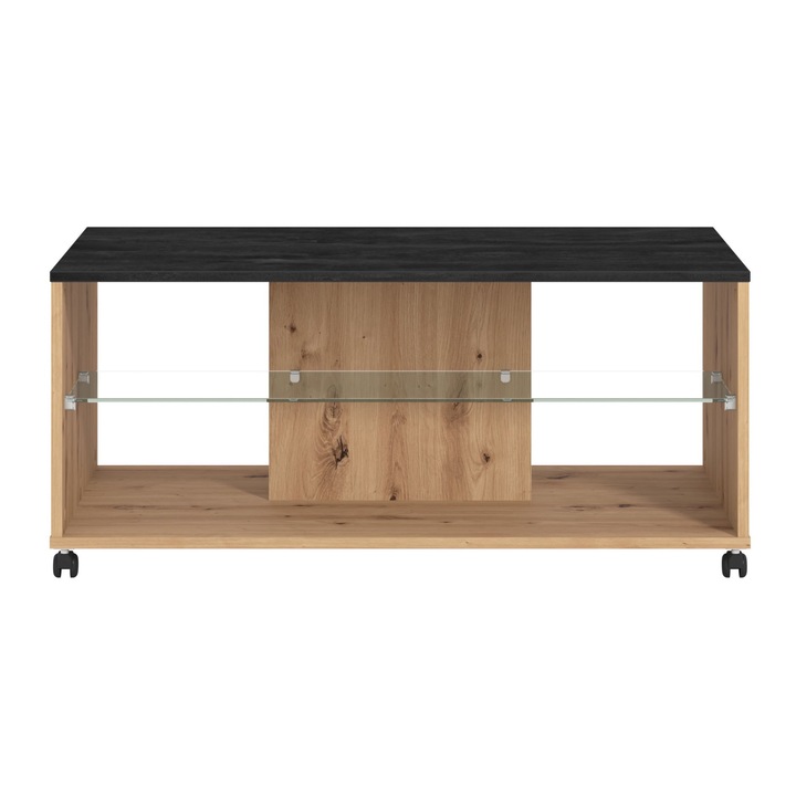 Маса DacEnergy 1C, Холна, Меламиново ПДЧ/Стъкло, Два рафта, Правоъгълна, Занаятчийски дъб/Въглен/Прозрачен, 101x60x45 см