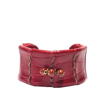 Bratara Decoranna Handcraft statement, piele naturala crocodil, unicat, cusuta artizanal cu margele din portelan pictate, rosu inchis Bratara Decoranna Handcraft statement, piele naturala crocodil, unicat, cusuta artizanal cu margele din portelan pictate, rosu inchis