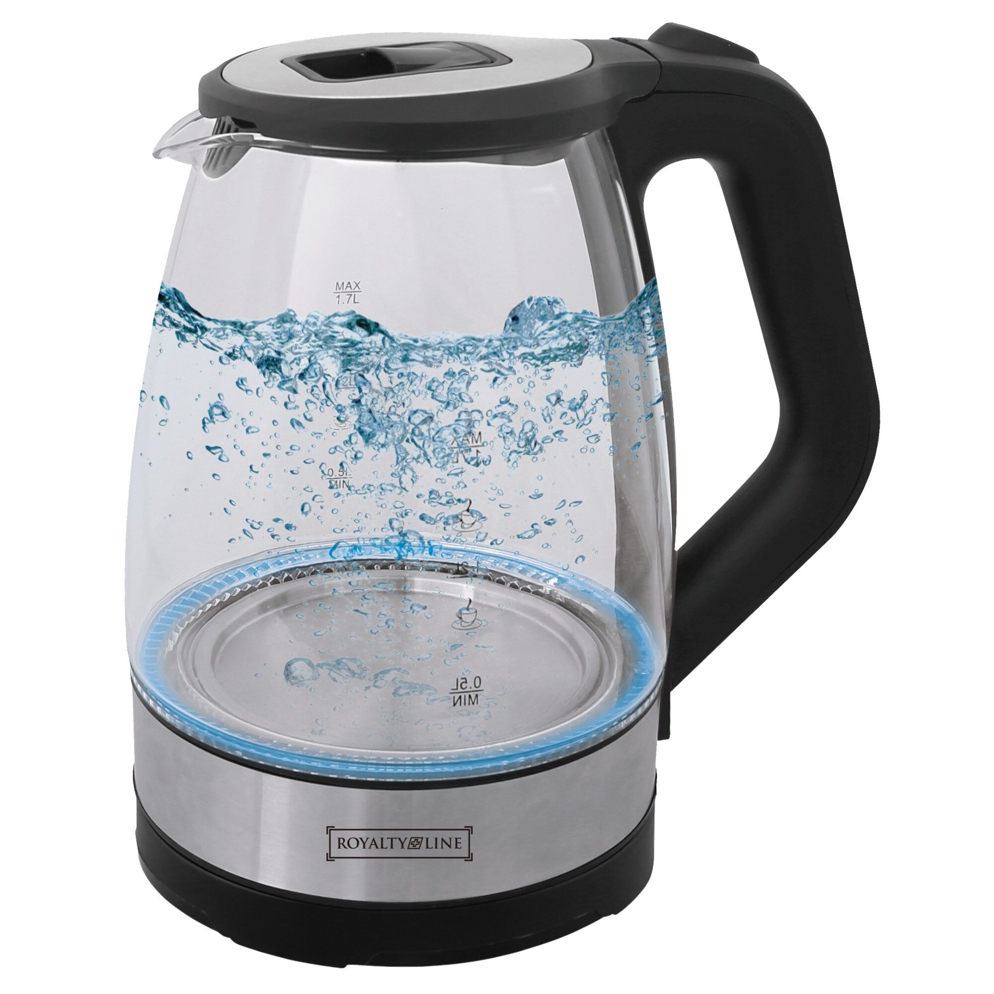 Fierbator electric din sticla Royalty Line RL-GWK2200.1C Blue, 1850W, capacitate 1.7L
