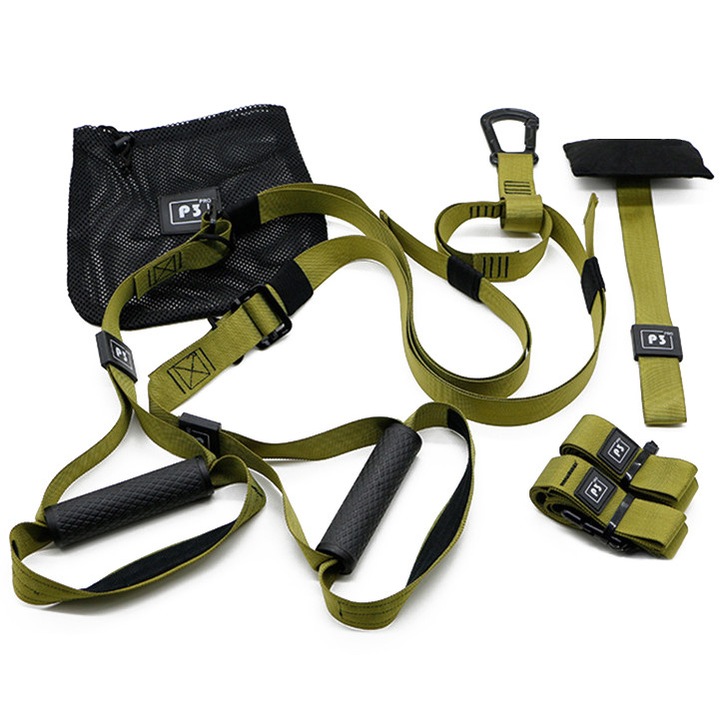 Set sistem suspensie tip TRX, GO4FIT, pentru fitness, workout, yoga, gimnastica de recuperare, exercitii fizice, aerobic, pilates, camuflaj