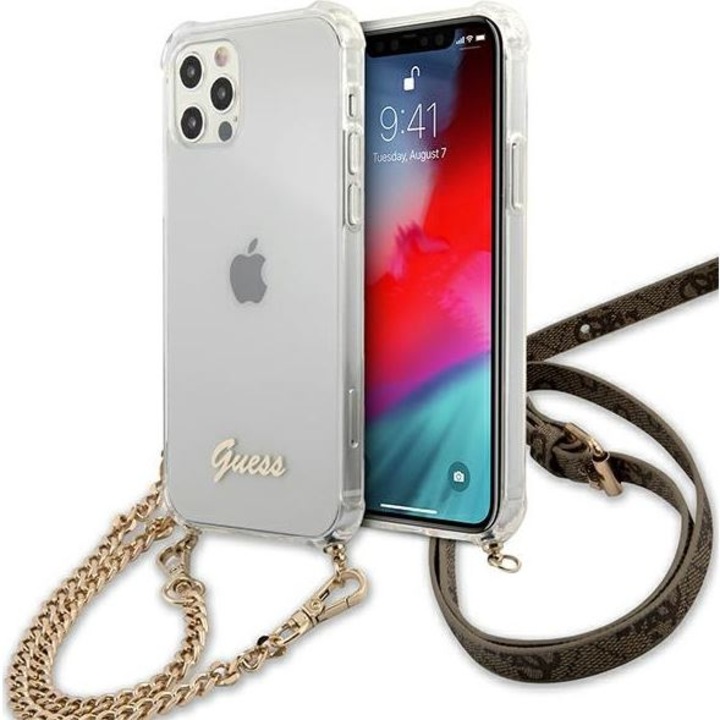 Калъф за телефон Guess GUHCP12MKC4GSGO 4G Golden Chain за Apple iPhone 12/12 Pro, прозрачен