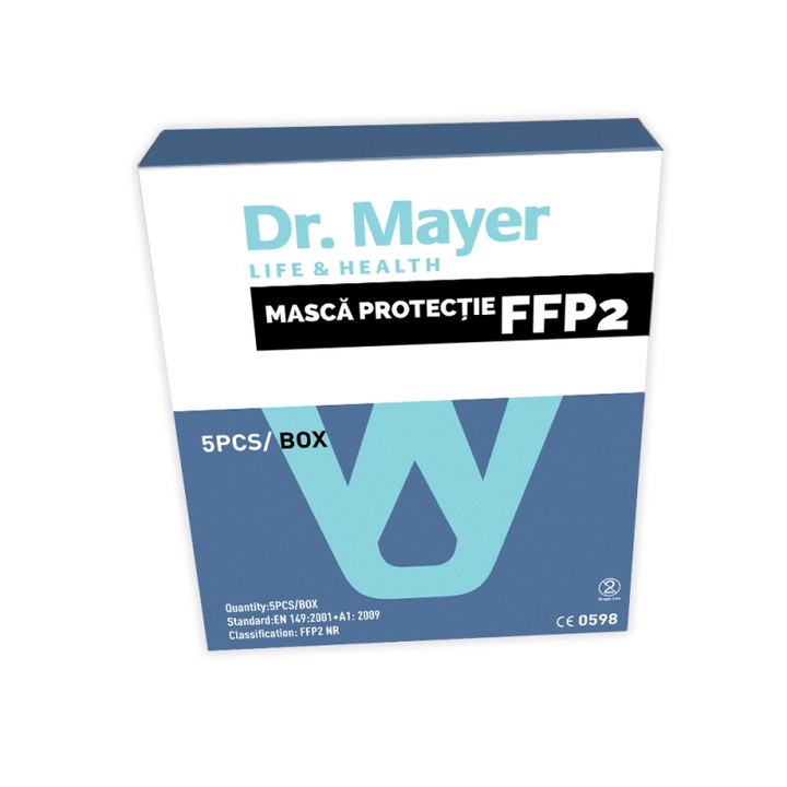 Set 5 buc Masti protectie FFP2 dr. Mayer, clema fixare, ambalate individual, eficienta filtrare ≥95%, albe