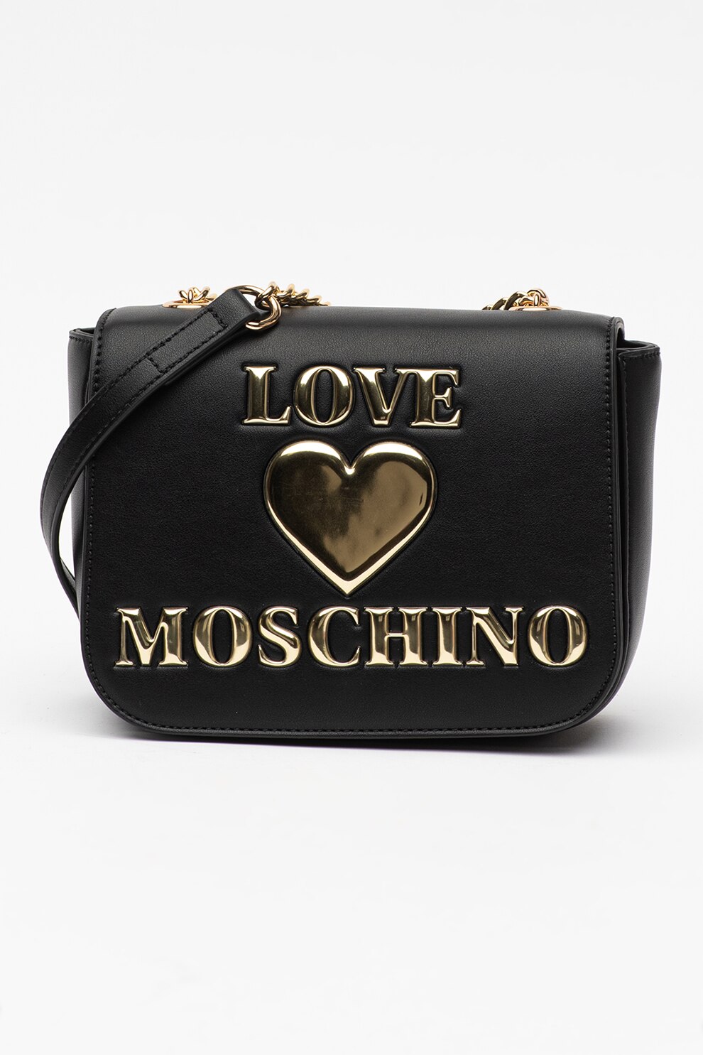 Love Moschino, Geanta crossbody de piele ecologica cu logo metalic, Negru/Auriu