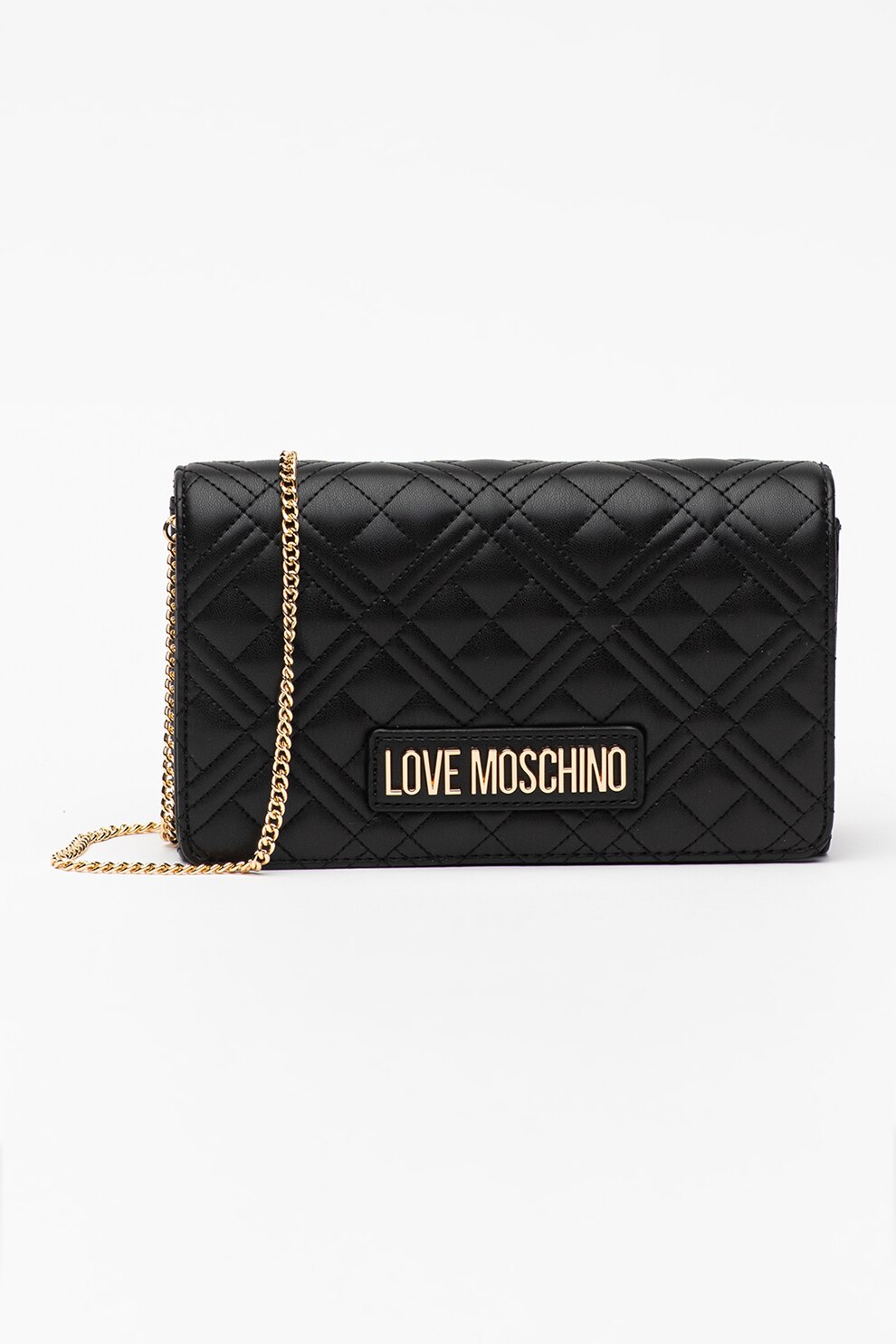 Love Moschino, Geanta crossbody de piele ecologica cu bareta din lant, Negru/Auriu deschis