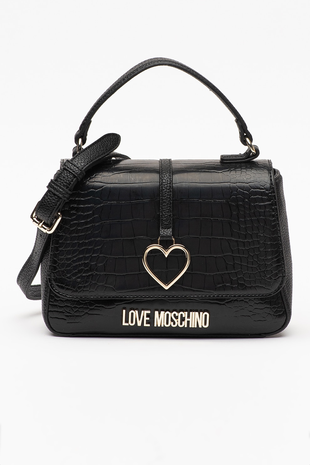 Love Moschino, Geanta de piele ecologica cu bareta de umar si model piele de reptila, Negru/Auriu deschis