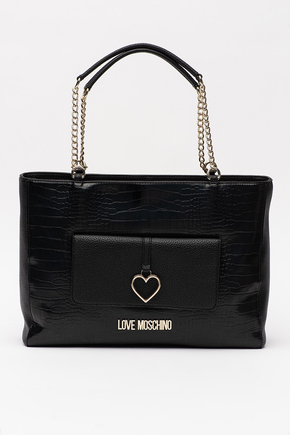 Love Moschino, Geanta shopper de piele ecologica cu model piele de reptila, Negru/Auriu