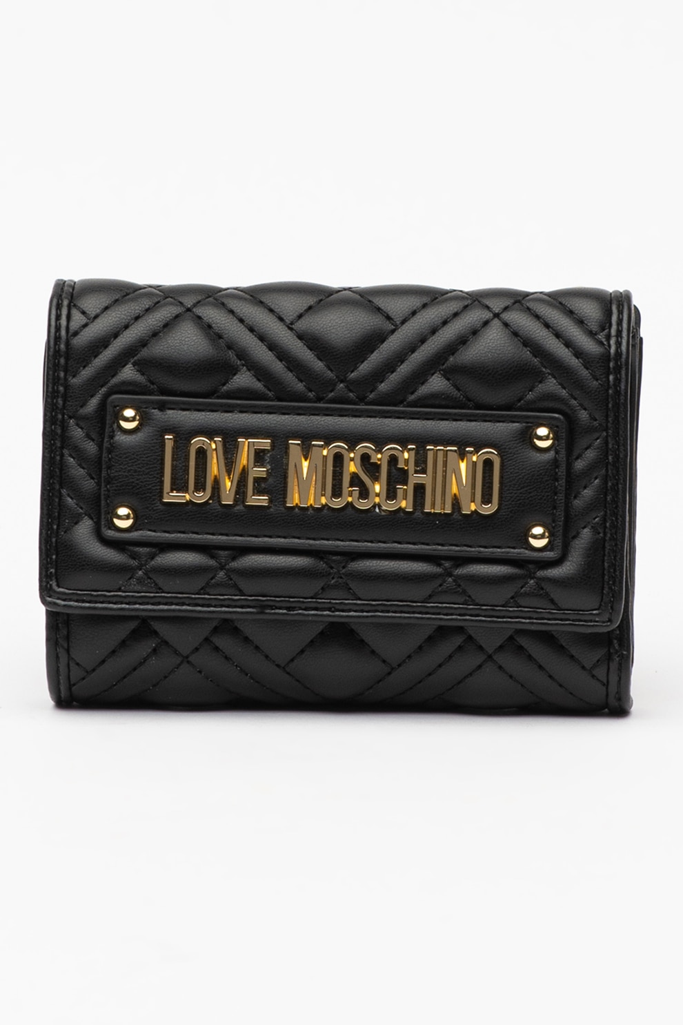 Love Moschino, Portofel matlasat cu logo metalic, Negru/Auriu