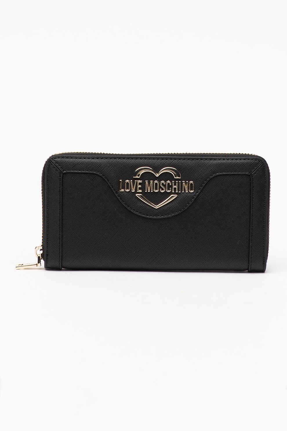 Love Moschino, Portofel cu fermoar si logo metalic, Negru/Auriu deschis