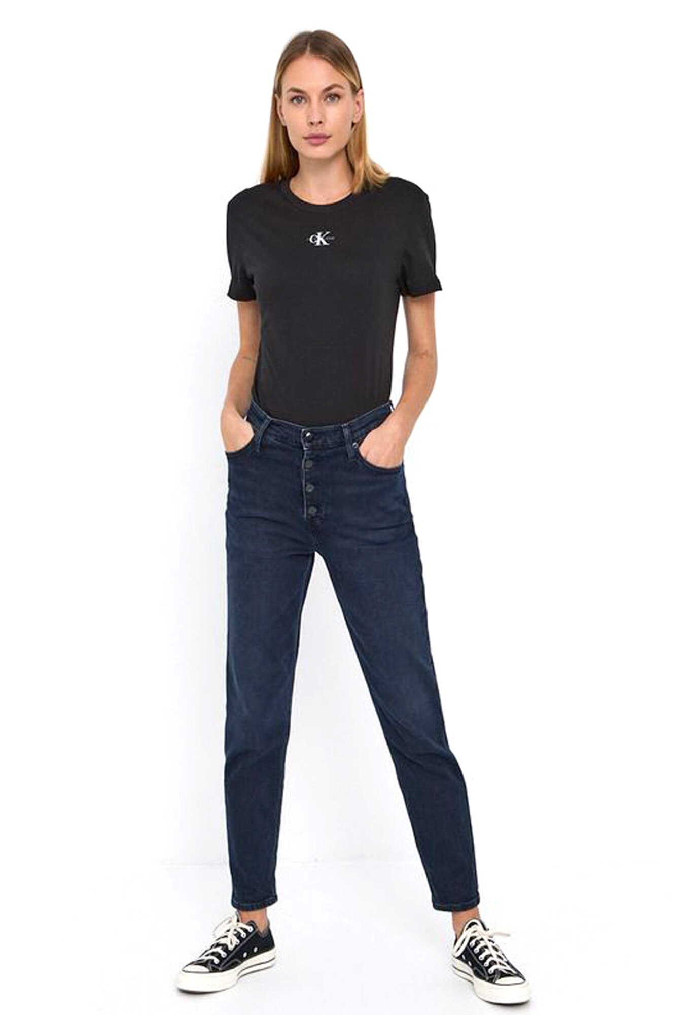 Tricou dama cu aplicatie logo, Calvin Klein, Negru, S