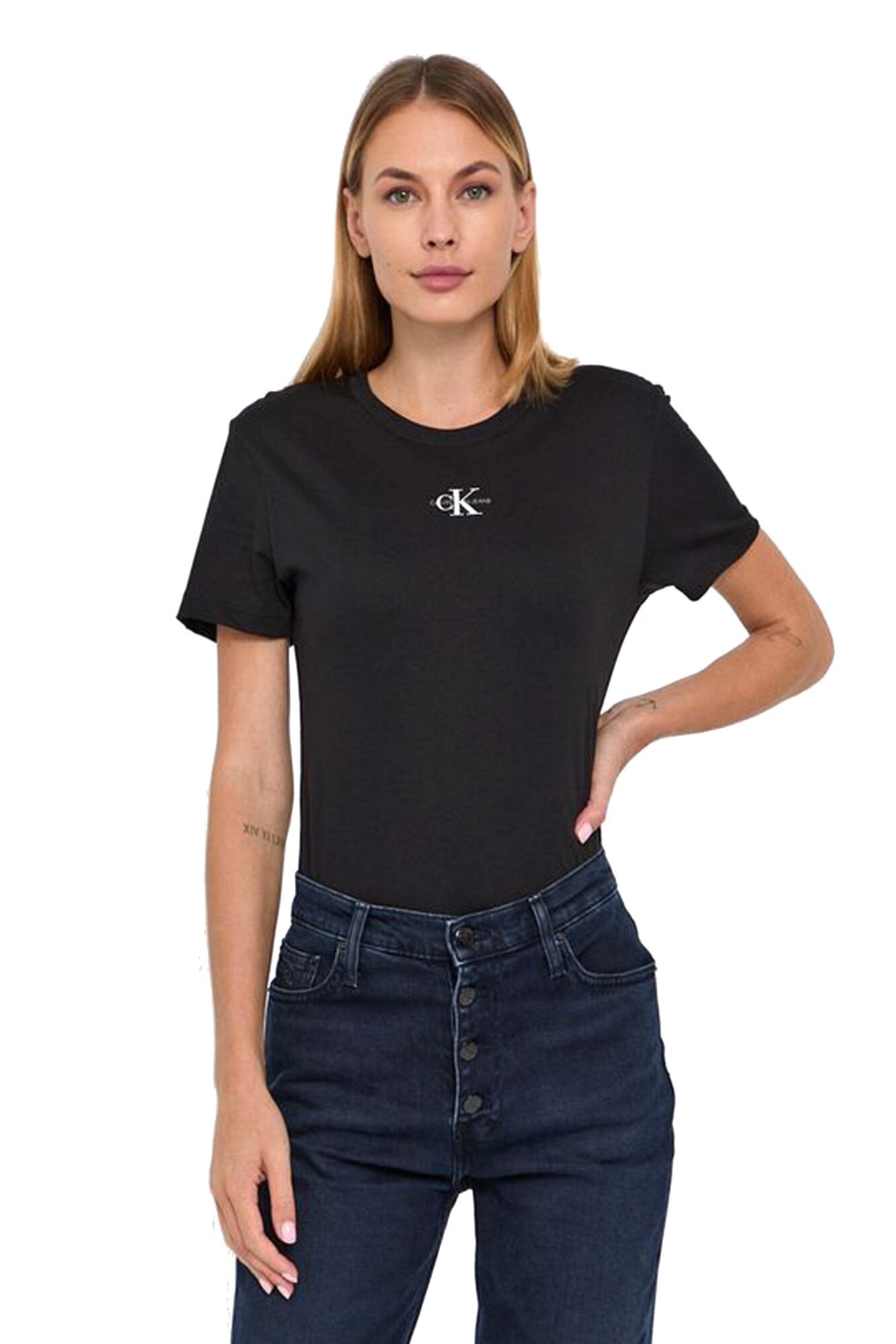 Tricou dama cu aplicatie logo, Calvin Klein, Negru