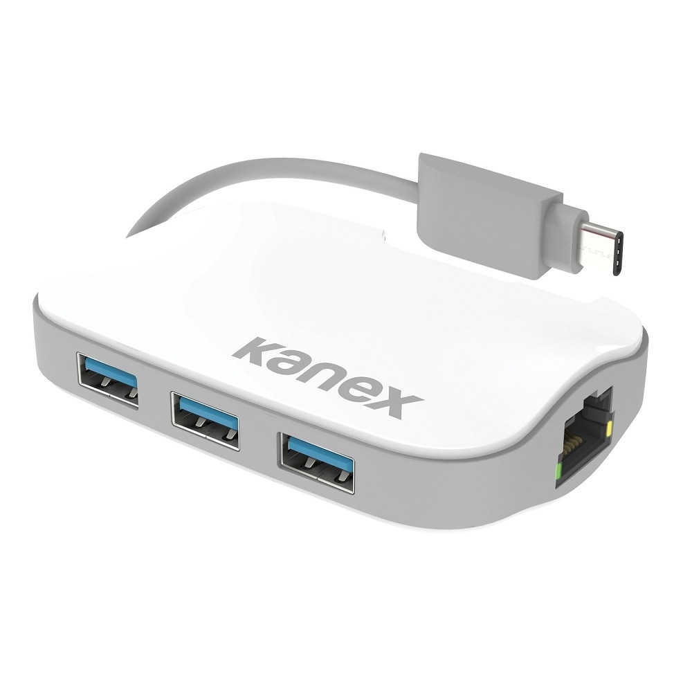 Adaptor Ethernet si hub USB cu 3 porturi de la USB-C la USB-A pentru MacBook si computere cu port USB-C, Kanex USB-C Hub (alb)