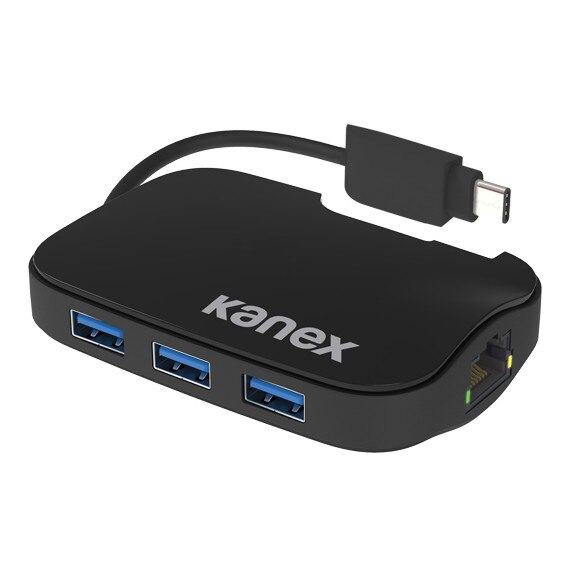 Adaptor Ethernet si hub USB cu 3 porturi de la USB-C la USB-A pentru MacBook si computere cu port USB-C, Kanex USB-C Hub (negru)