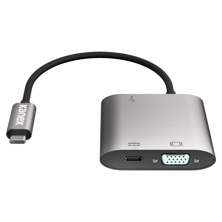 USB-C адаптер за зареждане и свързване към VGA устройства за Macbook и устройства с USB-C, Kanex USB-C VGA (сив)