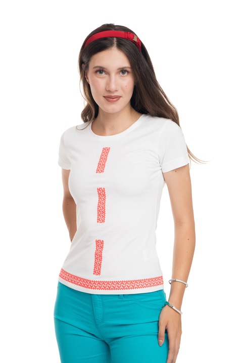 Tricou The Dresser, bumbac organic, alb, broderie rosu neon