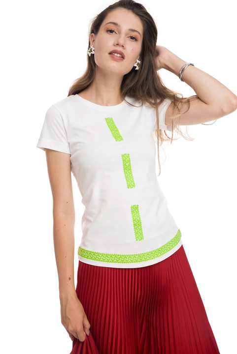 Tricou The Dresser, bumbac organic, alb, broderie verde neon