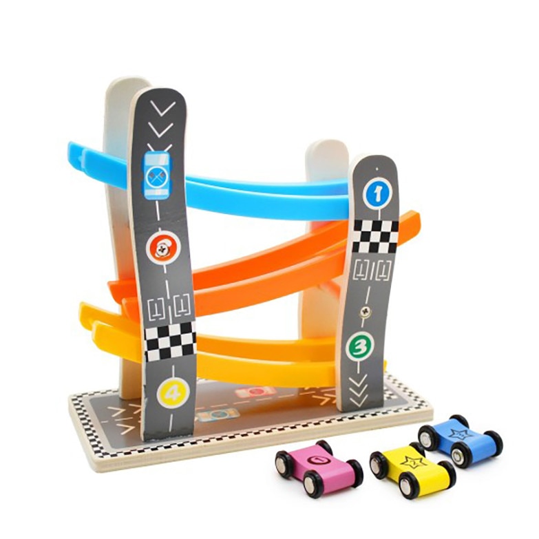 Circuit Zig Zag cu 3 masinute din lemn in stil Montessori, Helga Toys®