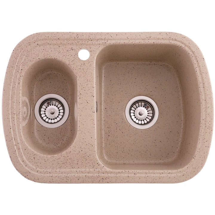 Chiuveta compozit Resing, 65 x 47 cm, 2 cuve cu sifoane, cuva mare dreapta, adancime 18 cm, incastrabila, bej granitat