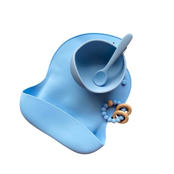 Set diversificare cu bol, baveta, tacam si jucarie de dentitie din silicon medical mat, moale, baby blue Set diversificare cu bol, baveta, tacam si jucarie de dentitie din silicon medical mat, moale, baby blue