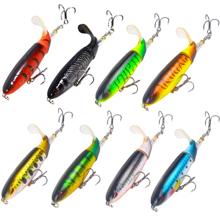 Set 8 voblere whopper plopper, FISHINGBOX MAKE FISHING BETTER, coada rotativa, pescuit la stiuca, clean, salau, floating, plutitor, multicolor, 10cm, 13g