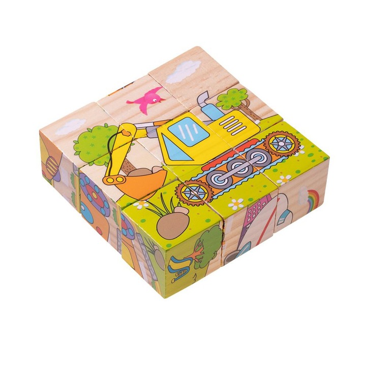 Комплект дървени пъзел кубчета 6 в 1 за деца, 6 изображения, превозни средства