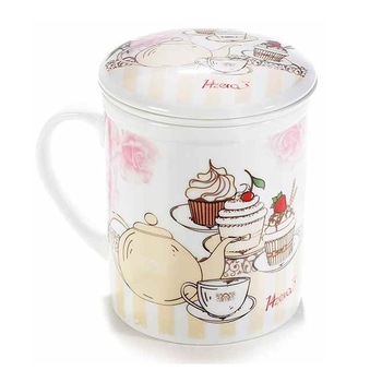Cana cu capac si infuzor din portelan alb maro Tea Ø 8 cm x 10.5 h 290 ml Cana cu capac si infuzor din portelan alb maro Tea Ø 8 cm x 10.5 h 290 ml