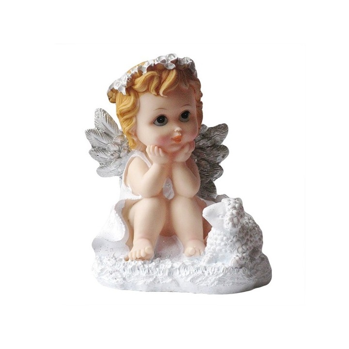 OEM angyal ezüst szárnyakkal egy bárány mellett dekorációs tárgy, 17 cm
