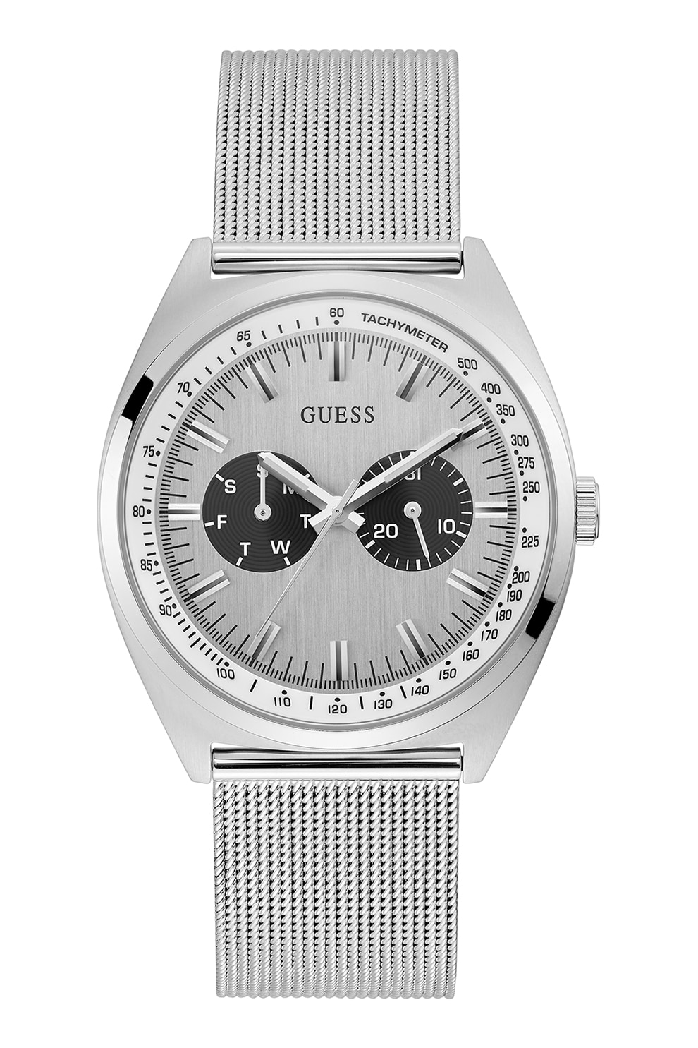 Guess, Ceas cu functii multiple si bratara cu model plasa, Argintiu