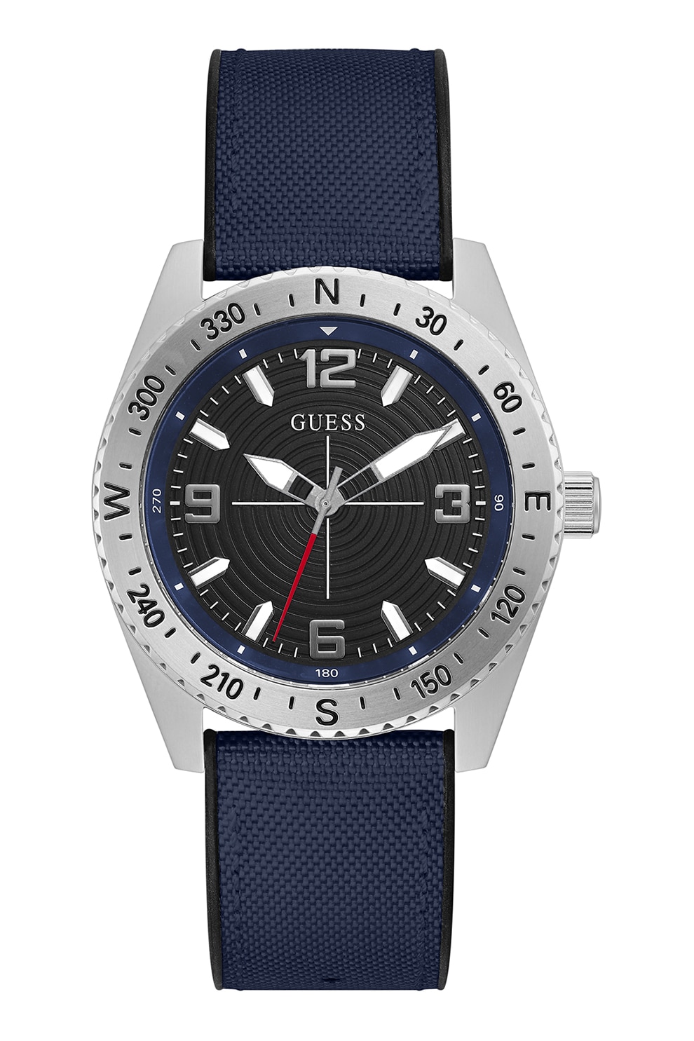 Guess, Ceas cu o curea din material textil, Argintiu/Bleumarin