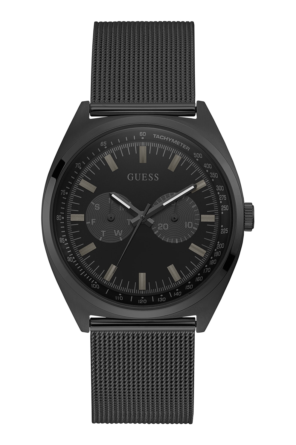 Guess, Ceas cu functii multiple si bratara din otel inoxidabil cu model plasa, Negru