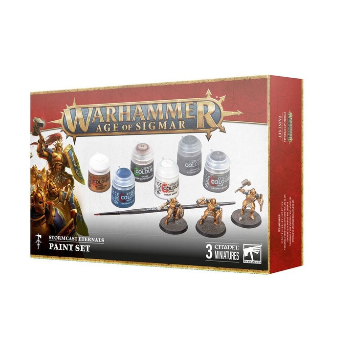 Extensie de joc Warhammer Age of Sigmar 4th ed., Stormcast Set de vopsele, Games Workshop, 6 vopsele si 3 modele de asamblat