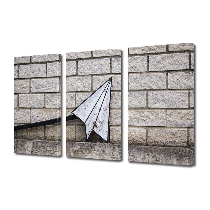 Set Tablouri Multicanvas 3 piese, Art Star, Avion de hartie desenat pe zid, Mesaje, Panza pe cadru de lemn, Decoratiuni Moderne pentru Casa, 3 x 50 x 70 cm