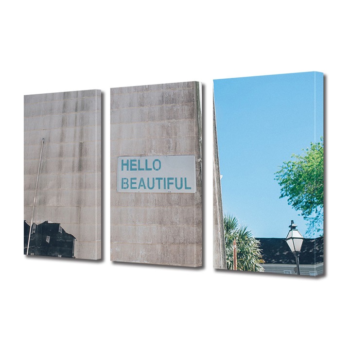 Set Tablouri Multicanvas 3 piese, Art Star, Hello Beautiful, Mesaje, Panza pe cadru de lemn, Decoratiuni Moderne pentru Casa, 3 x 30 x 45 cm