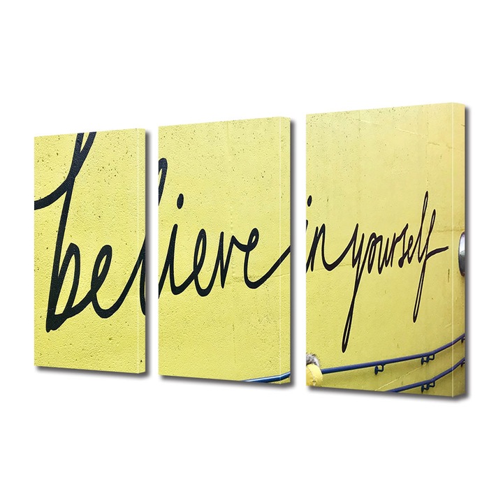 Set Tablouri Multicanvas 3 piese, Art Star, Believe in yourself, Mesaje, Panza pe cadru de lemn, Decoratiuni Moderne pentru Casa, 3 x 20 x 30 cm
