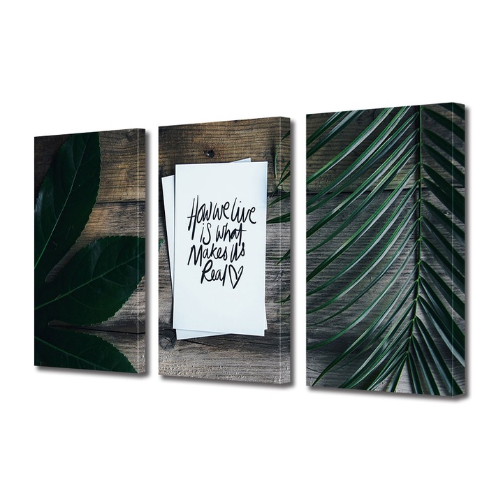 Set Tablouri Multicanvas 3 piese, Art Star, How we live, Mesaje, Panza pe cadru de lemn, Decoratiuni Moderne pentru Casa, 3 x 20 x 30 cm