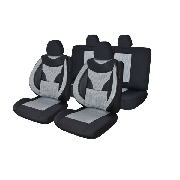 Set huse auto Exclusive Fabric Space, Material textil si insertii piele, Model Universal,11 piese, Negru/Gri