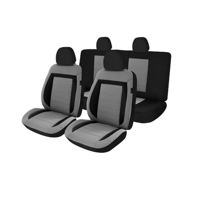 Set huse auto universale Lux Comfort,Material Textil,Insertii Piele,11Piese, Negru/Gri