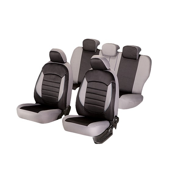 Set huse scaune auto, Editia Urban, Insertii Piele Ecologica+Textil, 11 piese, Negru/Gri