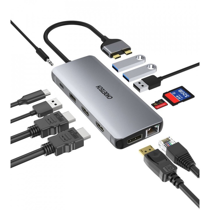 Choetech 12in1 2x USB мултифункционален хъб тип C - USB тип C Thunderbolt 3 100W за MacBook Pro / Air Grey (HUB-M25