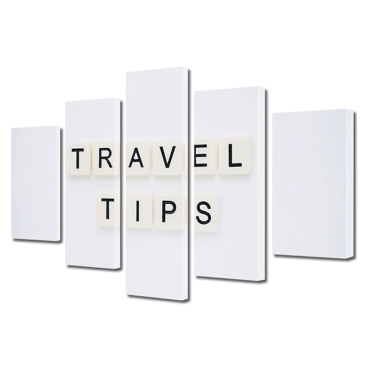 Set Tablouri Multicanvas 5 piese, Art Star, Travel tips, Mesaje, Panza pe cadru de lemn, Decoratiuni Moderne pentru Casa, 120 x 225 cm