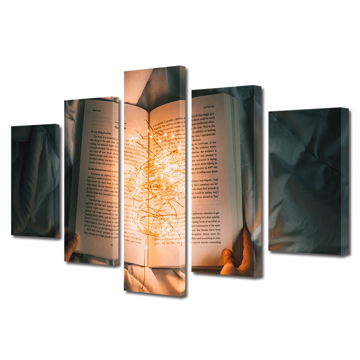 Set Tablouri Multicanvas 5 piese, Art Star, Lectura de seara, Mesaje, Panza pe cadru de lemn, Decoratiuni Moderne pentru Casa, 110 x 200 cm