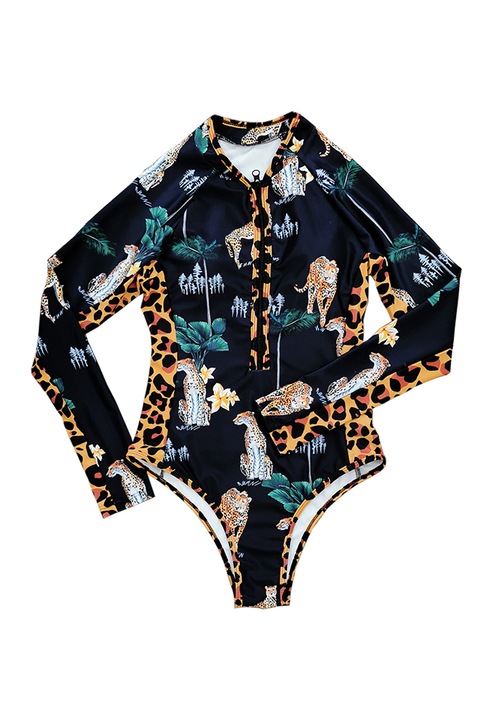 Цял бански EFAYN, Дълъг ръкав/затваряне с цип/бразилски слипове, Зелен/Черен/Жълт