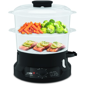 Aparat de gatit la aburi TEFAL MiniCompact VC139810,800W, 6L, preparare 2 retete simultan, 2 compartimente, timer 60 min, indicator nivel apa, negru Aparat de gatit la aburi TEFAL MiniCompact VC139810,800W, 6L, preparare 2 retete simultan, 2 compartimente, timer 60 min, indicator nivel apa, negru