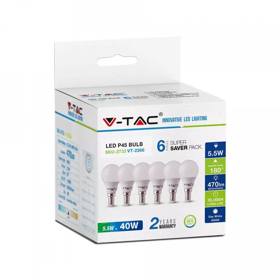 Set 6 becuri led sferice, E14, 5.5W(40W), lumina calda, 470 lm, A+, V-TAC