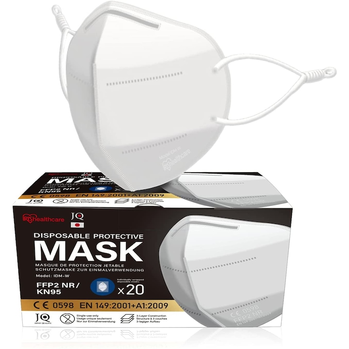 Iris Ohyama ® 20 db Japán minőségű eldobható FFP2 maszk, állítható irritációgátló pánt, orrcsipesz, 3 réteg, – KN95 IDM védőmaszk - fehér