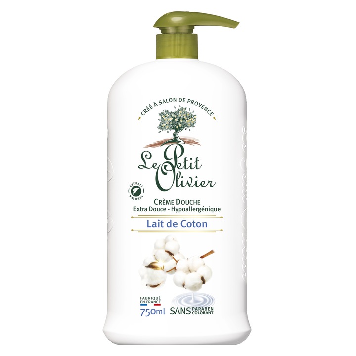 Le Petit Olivier Hipoallergén tusfürdő pamuttejjel, 750 ml