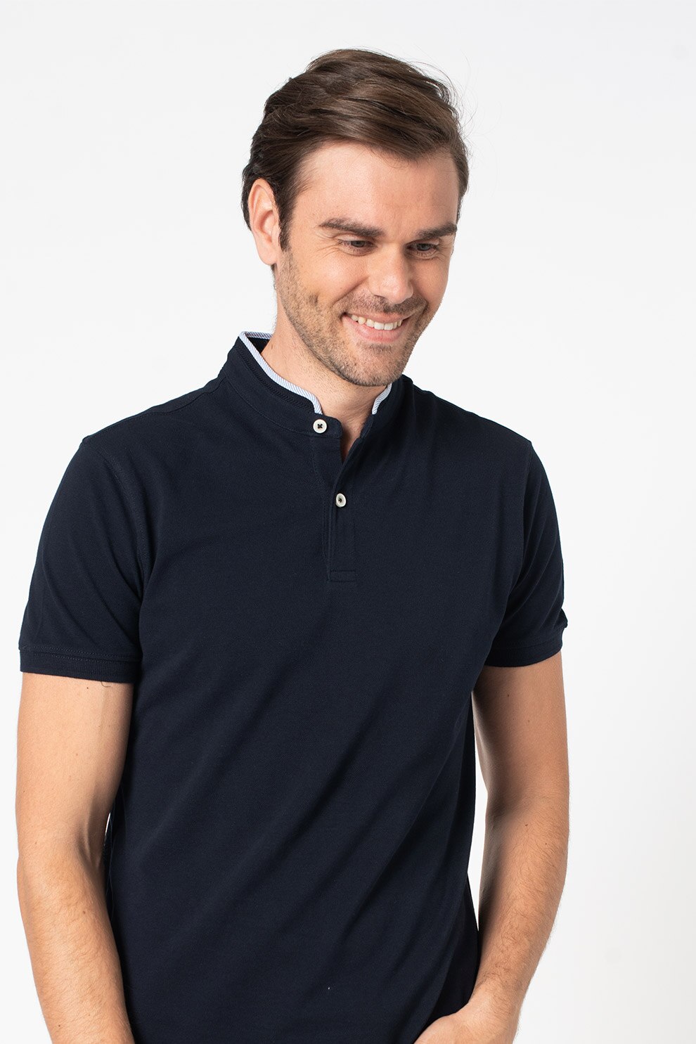 OVS, Tricou de bumbac cu guler contrastant, Bleumarin inchis, S