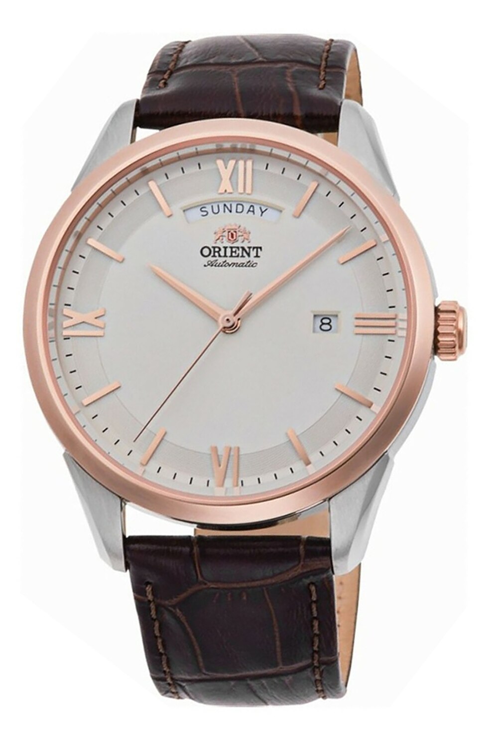 ORIENT, Ceas automatic cu o curea de piele, Auriu rose/Maro inchis
