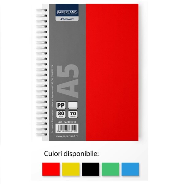Set 5 buc, caiet scolar, PAPERLAND, cu spirale, A5, 80 file , dictando, 70g/mp , coperta PREMIUM PLASTIC
