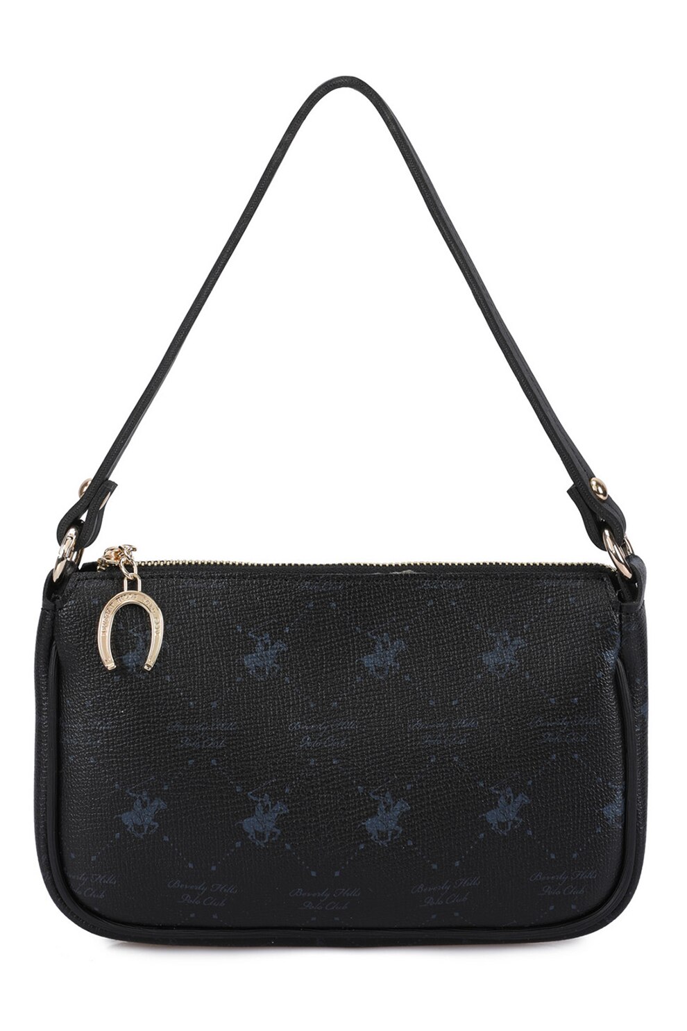 Beverly Hills Polo Club, Geanta de piele ecologica cu bareta de umar si model logo, Negru/Auriu rose