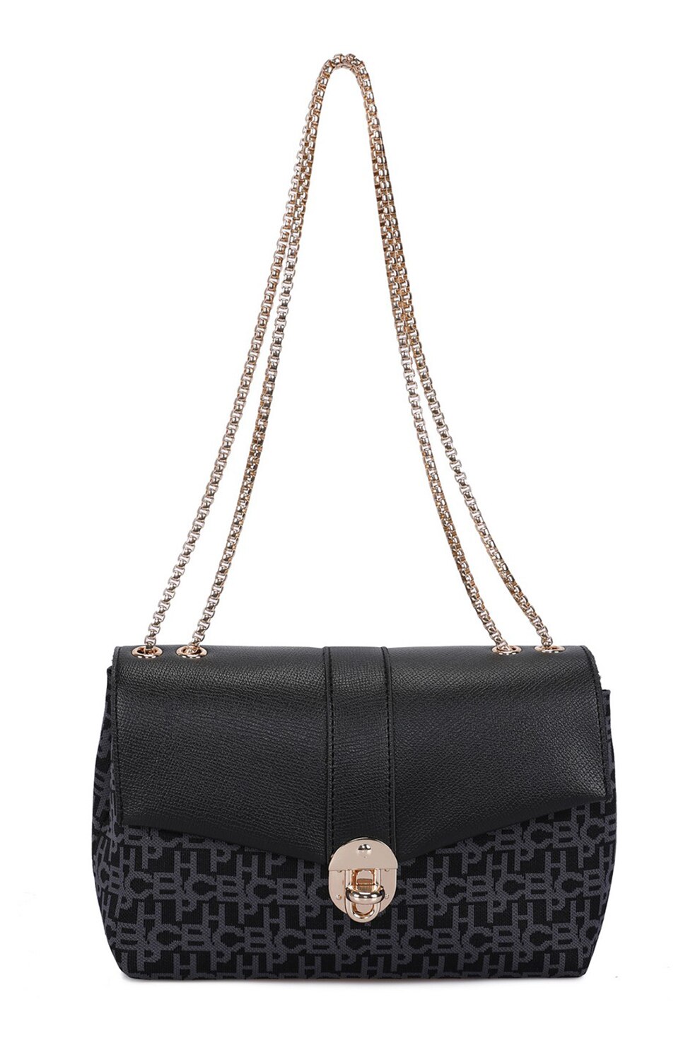 Beverly Hills Polo Club, Geanta de umar cu imprimeu cu bareta din lant, Negru/Auriu rose